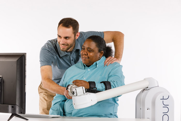 Example of an upper extremity in-clinic robotic therapy device.