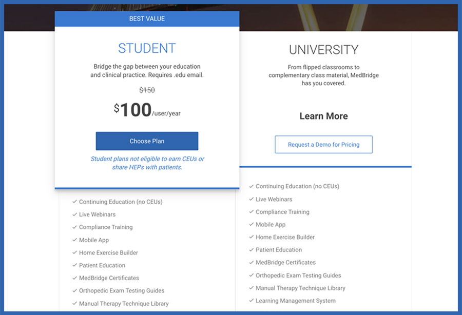 Here is the MedBridge student discount list of benefits.