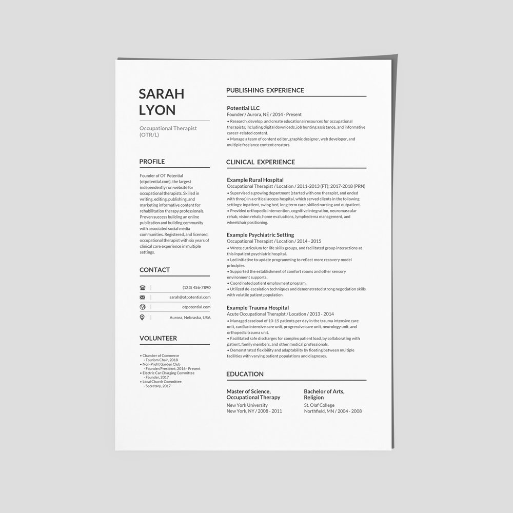 Example of a more recent OT resume from my career.