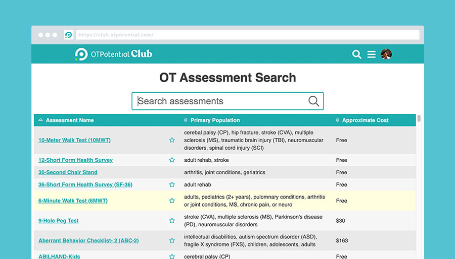 Occupation Therapy Assessment Search in the OT Potential Club