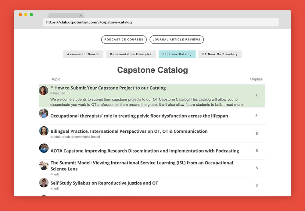 OTD Capstone Catalog in the OT Potential Club